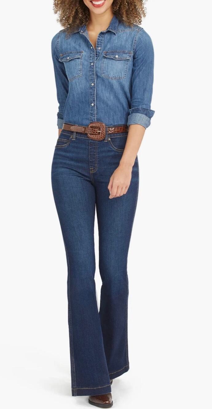 SPANX Flare Jeans in Midnight Shade Stretch High Rise Pull On Large Slimming